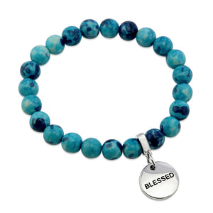 Stone Bracelet - Cyan & Navy Patch Agate Stone 8mm Beads - with Silver Word Charms