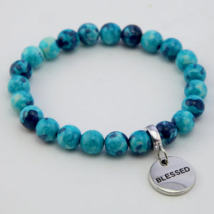 Stone Bracelet - Cyan & Navy Patch Agate Stone 8mm Beads - with Silver Word Charms