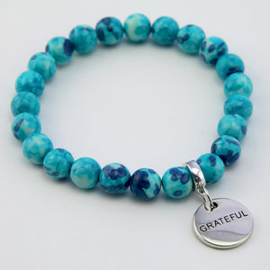 Stone Bracelet - Cyan & Navy Patch Agate Stone 8mm Beads - with Silver Word Charms