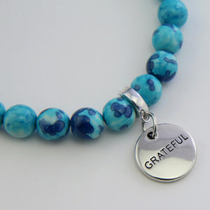 Stone Bracelet - Cyan & Navy Patch Agate Stone 8mm Beads - with Silver Word Charms