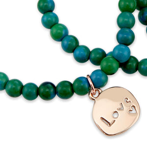 Christmas Bracelet  - Aqua Green 6mm Bead Bracelet with Rose Gold Word Charm