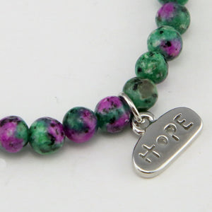 Christmas Bracelet  - Pink Green Speckle Bracelet 6mm Bead Bracelet with Silver Word Charm