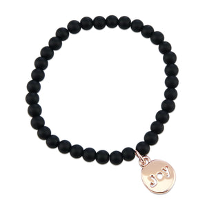 Christmas Bracelet  - Matt Black Onyx 6mm Bead Bracelet with Rose Gold Word Charm