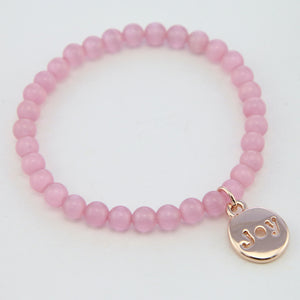 Christmas Bracelet  - Soft Pink Cats Eye 6mm Bead Bracelet with Rose Gold Word Charm