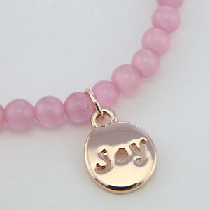 Christmas Bracelet  - Soft Pink Cats Eye 6mm Bead Bracelet with Rose Gold Word Charm