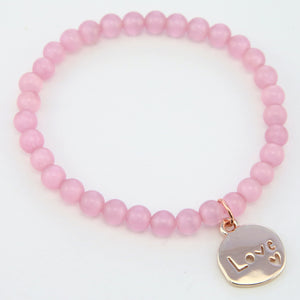 Christmas Bracelet  - Soft Pink Cats Eye 6mm Bead Bracelet with Rose Gold Word Charm