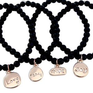 Christmas Bracelet  - Matt Black Onyx 6mm Bead Bracelet with Rose Gold Word Charm