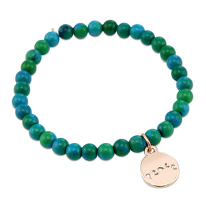 Christmas Bracelet  - Aqua Green 6mm Bead Bracelet with Rose Gold Word Charm