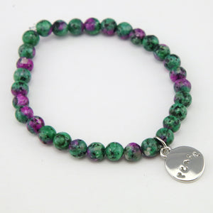 Christmas Bracelet  - Pink Green Speckle Bracelet 6mm Bead Bracelet with Silver Word Charm