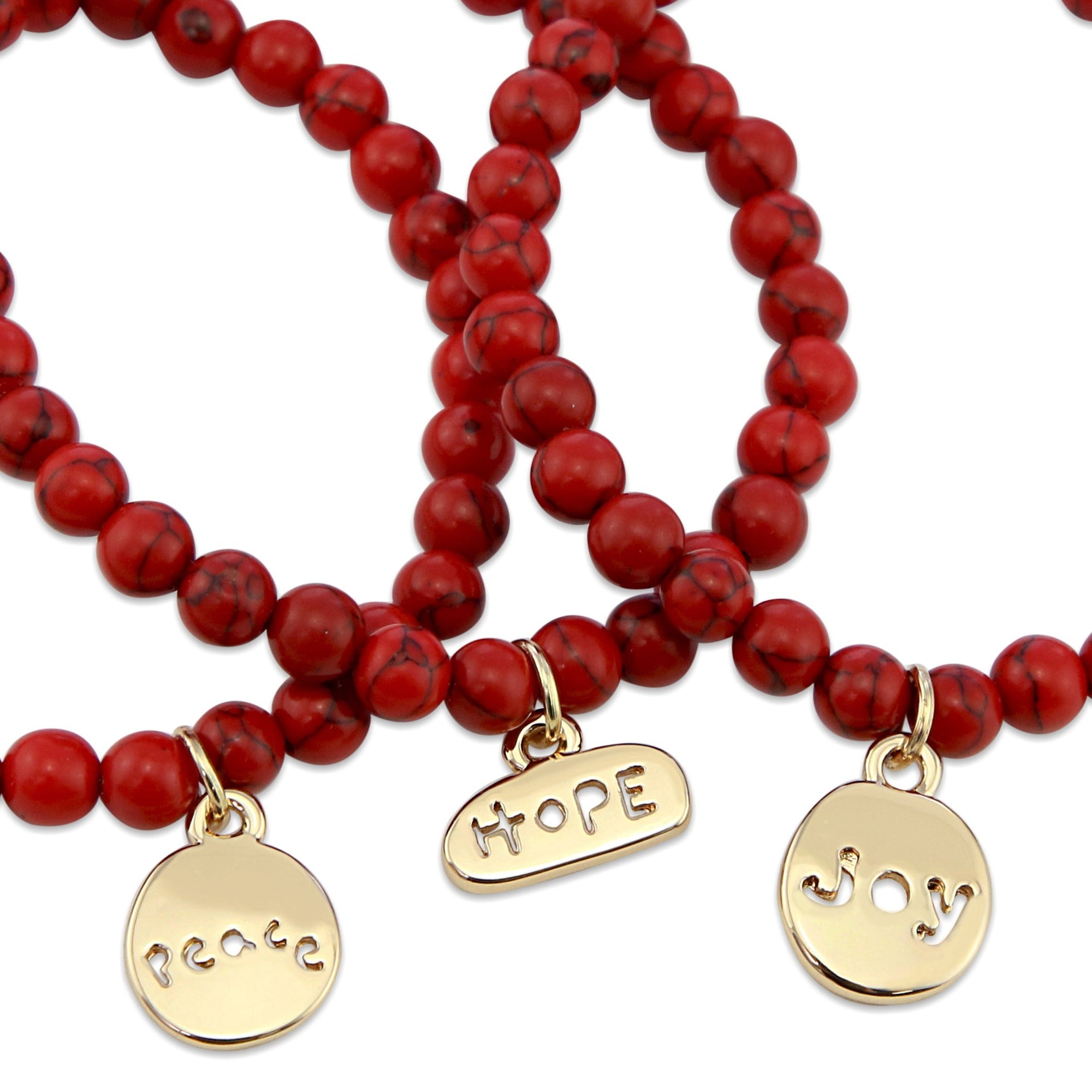 Christmas Bracelet  - Red Synthesis 6mm Bead Bracelet with Gold Word Charm