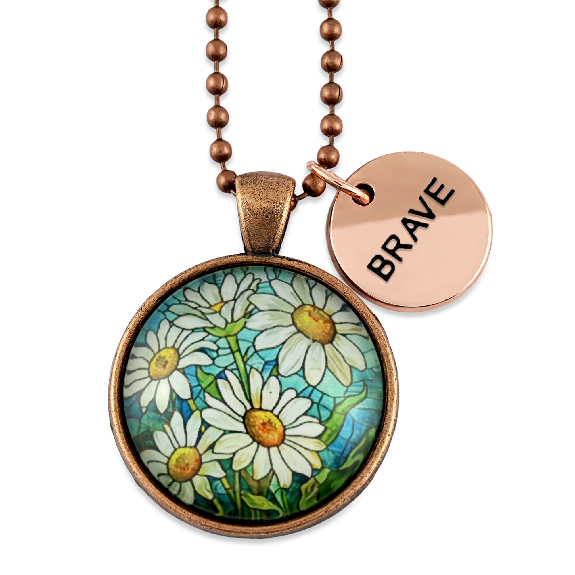 FLORAL WONDERS - Vintage Copper 'BRAVE' Necklace - Daisy Window (10723)