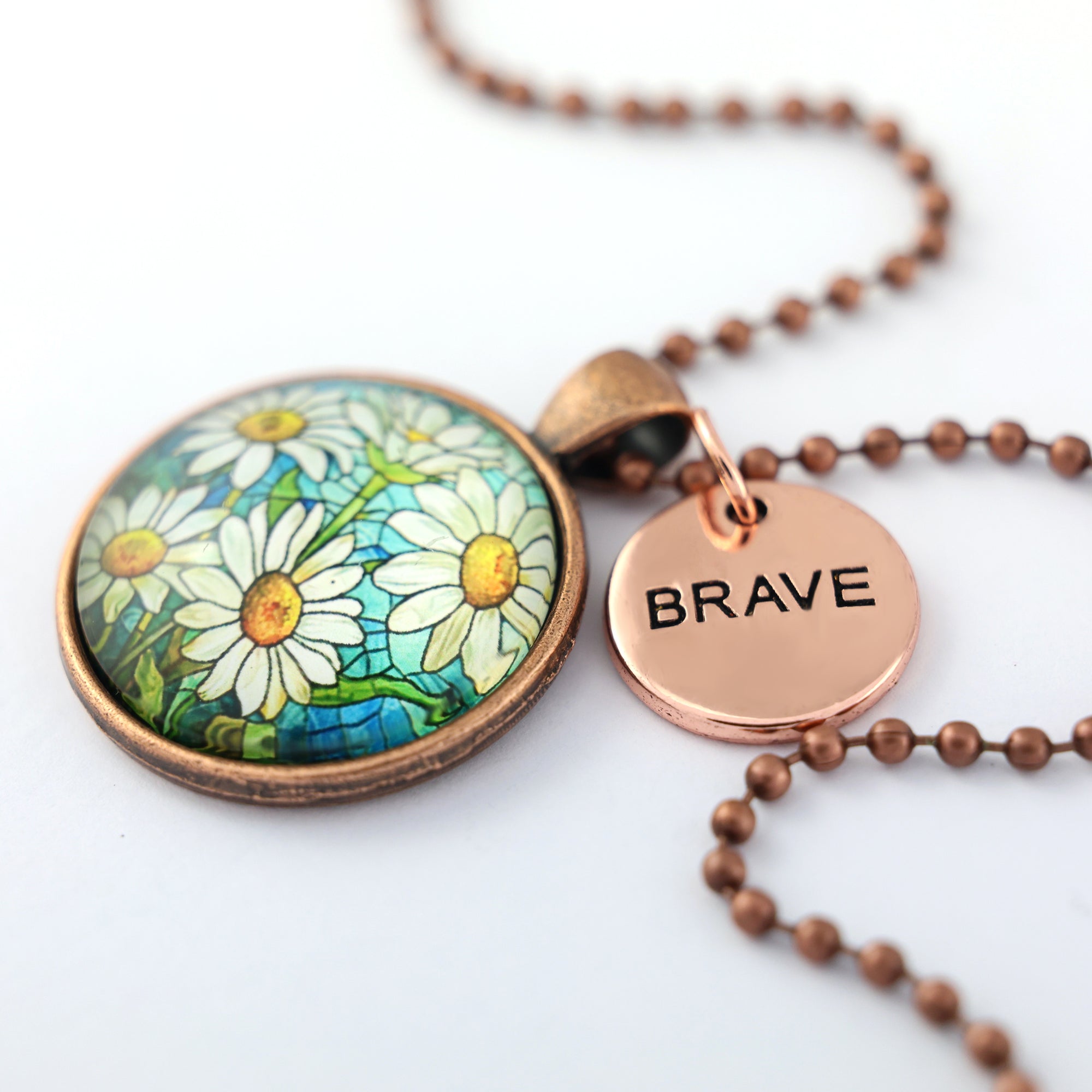 FLORAL WONDERS - Vintage Copper 'BRAVE' Necklace - Daisy Window (10723)