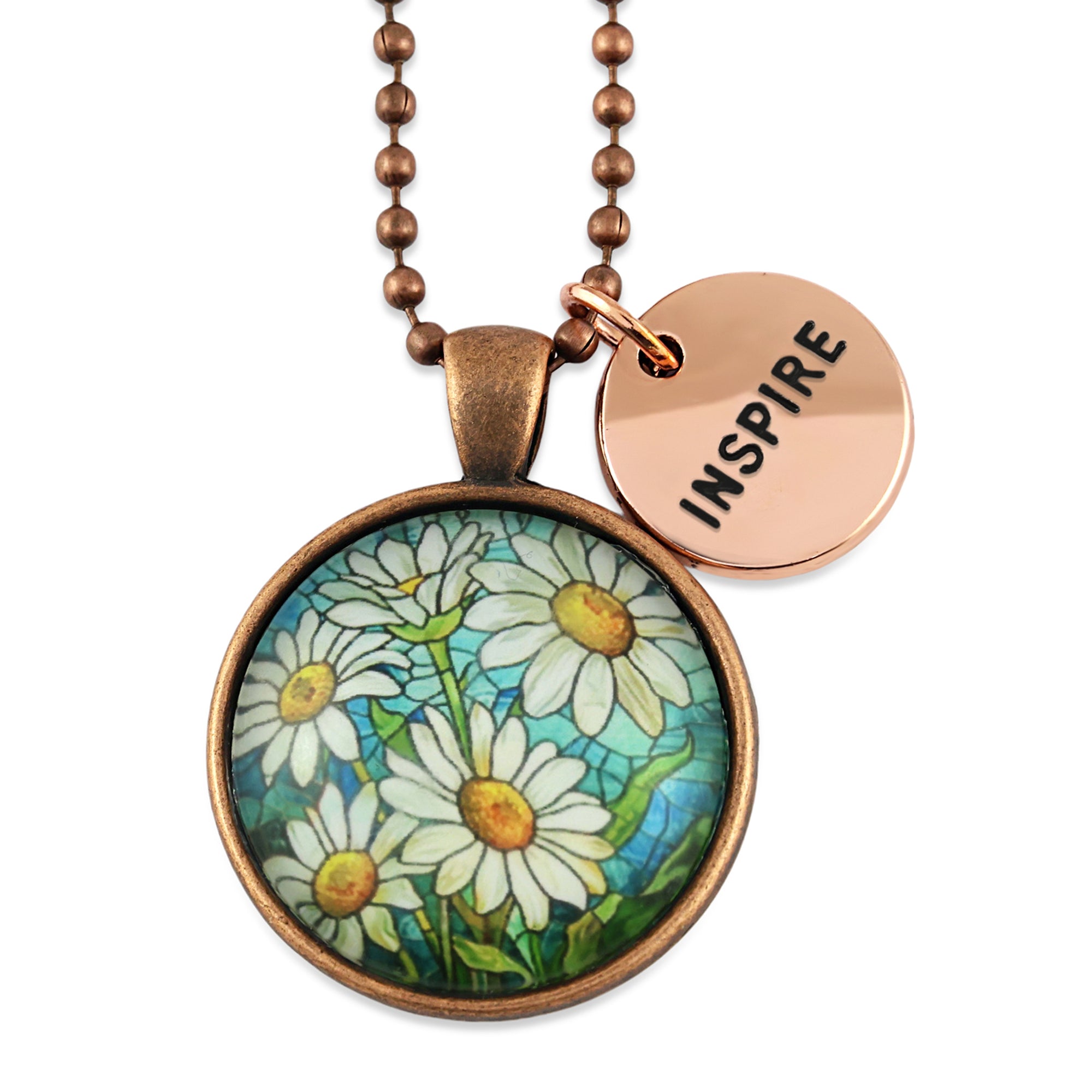 FLORAL WONDERS - Vintage Copper 'INSPIRE' Necklace - Daisy Window (10711)