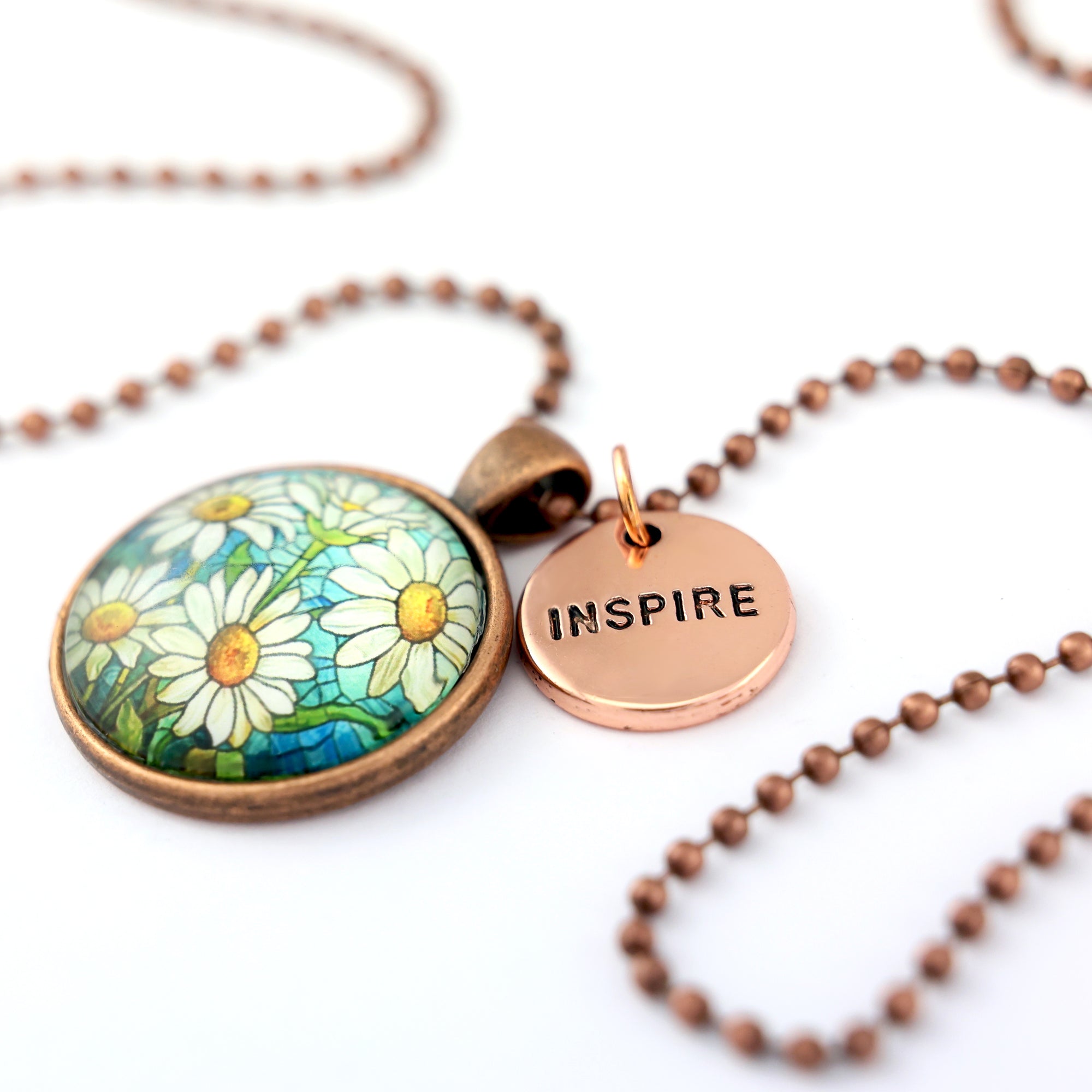 FLORAL WONDERS - Vintage Copper 'INSPIRE' Necklace - Daisy Window (10711)