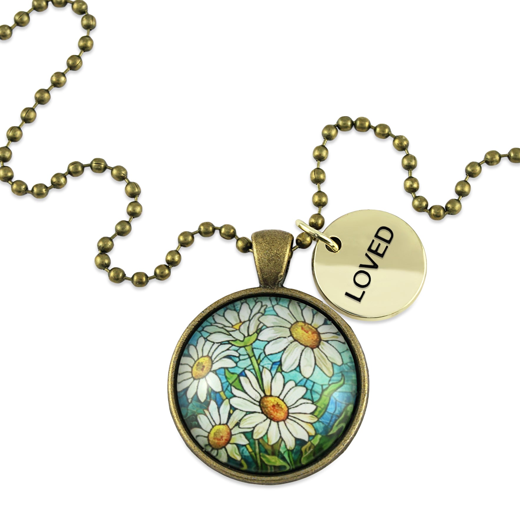 FLORAL WONDERS - Vintage Gold 'LOVED' Necklace - Daisy Window (10613)