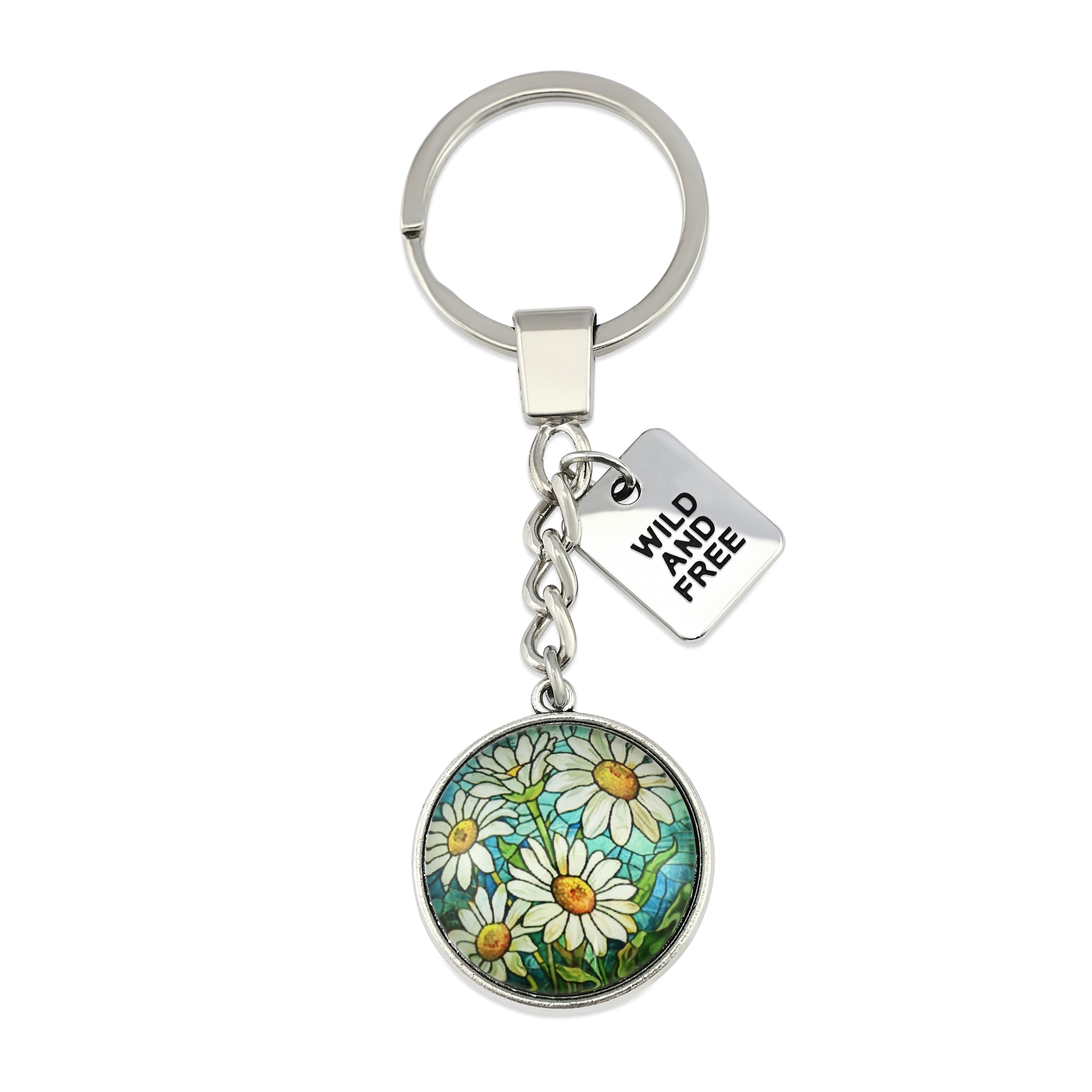 FLORAL WONDERS - Vintage Silver 'WILD AND FREE' Keyring - DAISY WINDOW (11123)