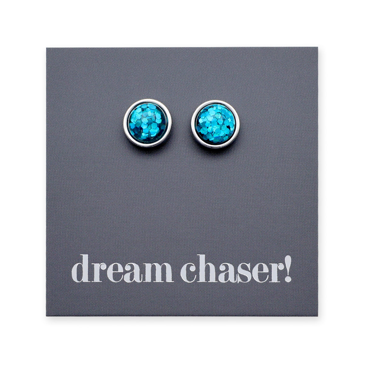 Dream Chaser! - Silver Stainless Steel 8mm Circle Studs - Aqua Blue Glitter (11463)