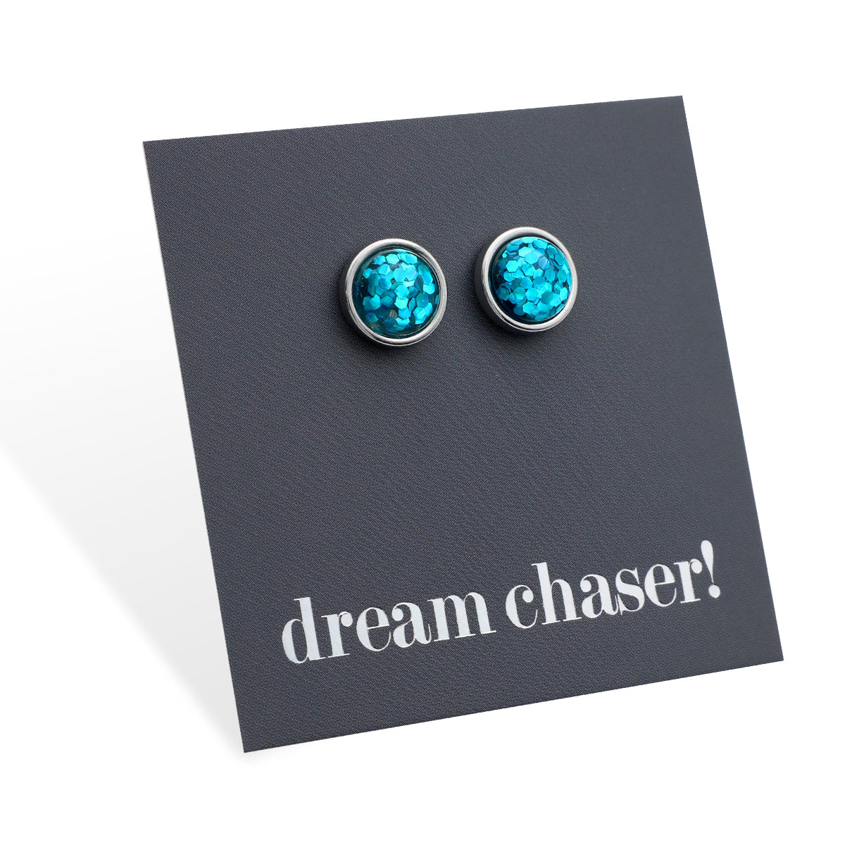 Dream Chaser! - Silver Stainless Steel 8mm Circle Studs - Aqua Blue Glitter (11463)