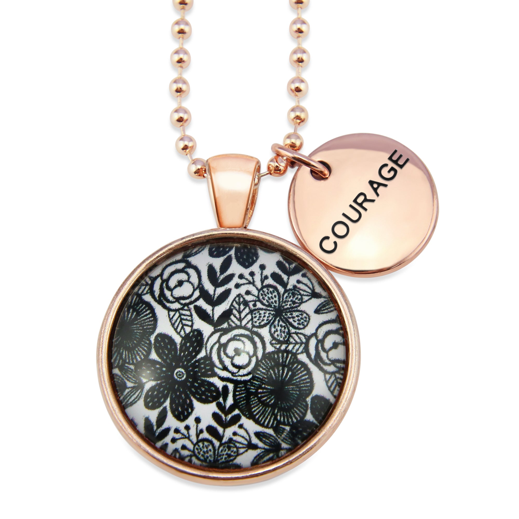 Black & White Collection - Rose Gold 'COURAGE' Necklace - Ebony Bloom (10443)
