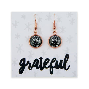 Black & White Collection - Grateful - Rose Gold Dangle Earrings - Ebony Bloom (12764)