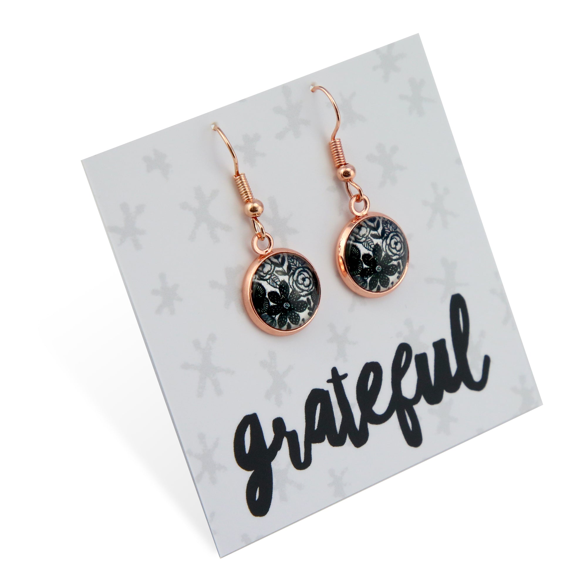 Black & White Collection - Grateful - Rose Gold Dangle Earrings - Ebony Bloom (12764)