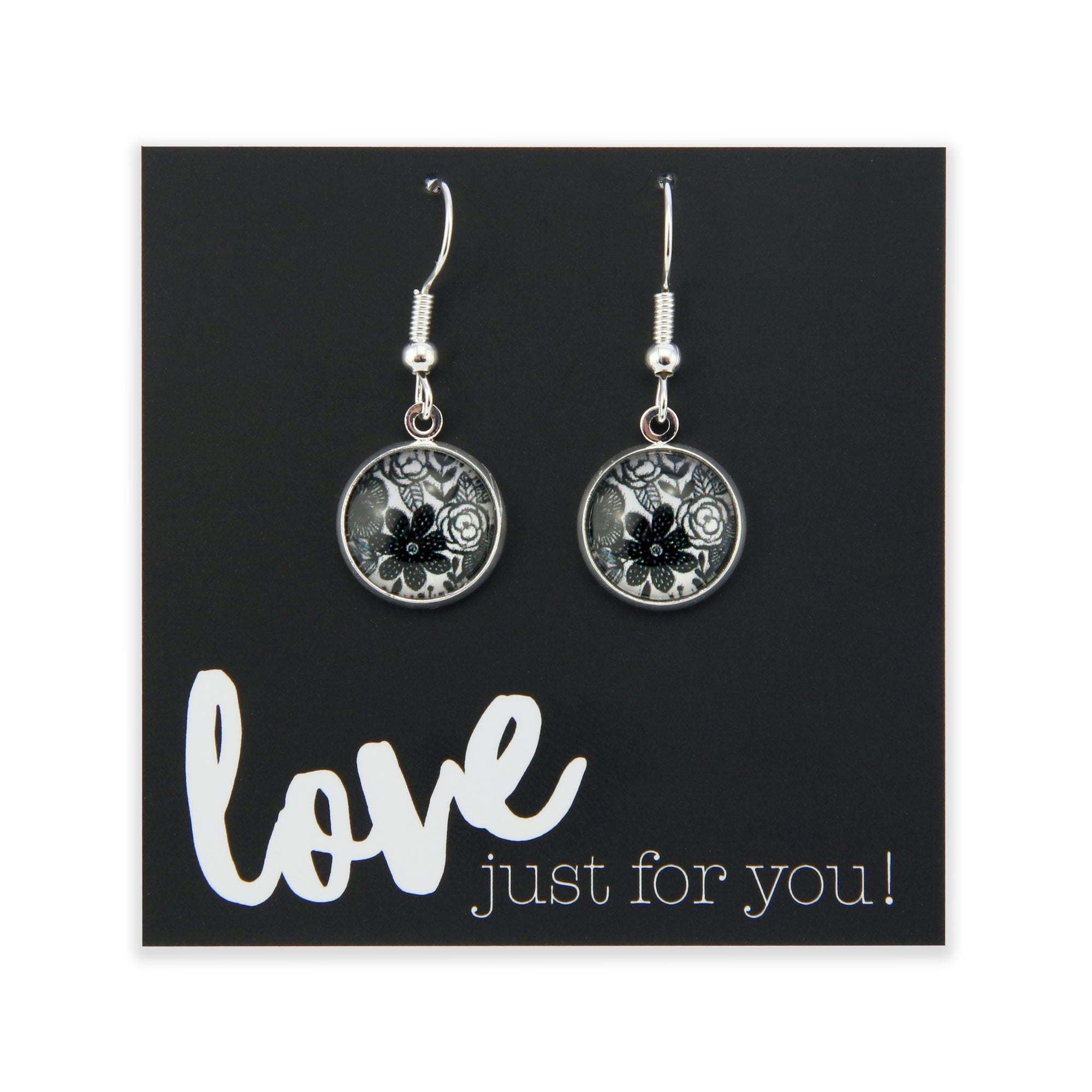 Black & White Collection - Love Just For You - Bright Silver Dangle Earrings - Ebony Bloom (12761)