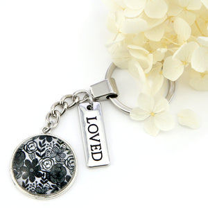 Black & White Collection - Vintage Silver 'LOVED' Keyring - Ebony Bloom (10424)