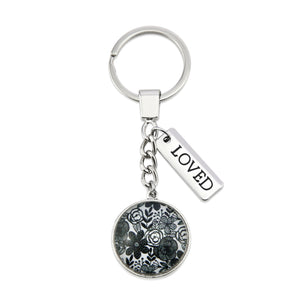 Black & White Collection - Vintage Silver 'LOVED' Keyring - Ebony Bloom (10424)