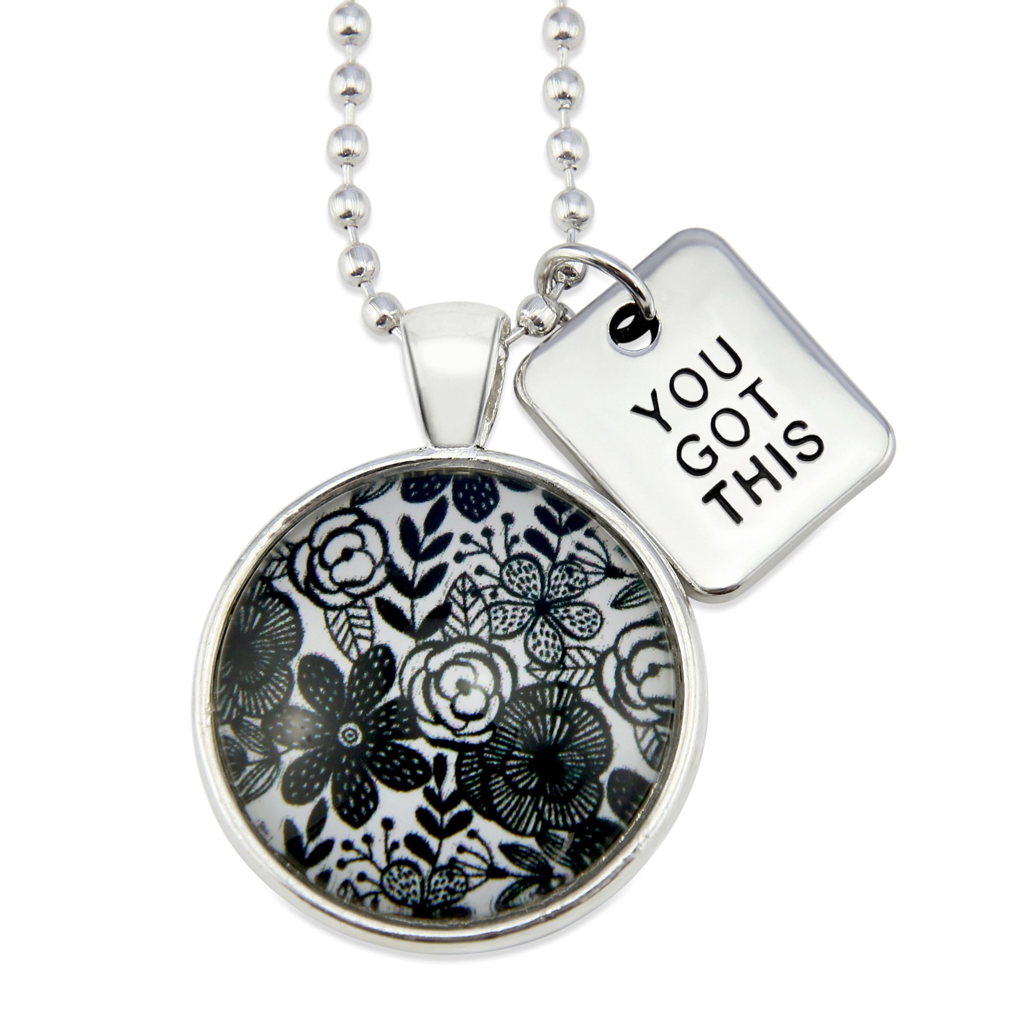 Black & White Collection -  Bright Silver 'YOU GOT THIS' Necklace - Ebony Bloom (10463)