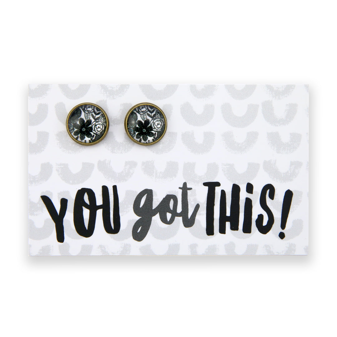 Black & White Collection - You Got This - Vintage Gold 12mm Circle Studs - Ebony Bloom (12753)
