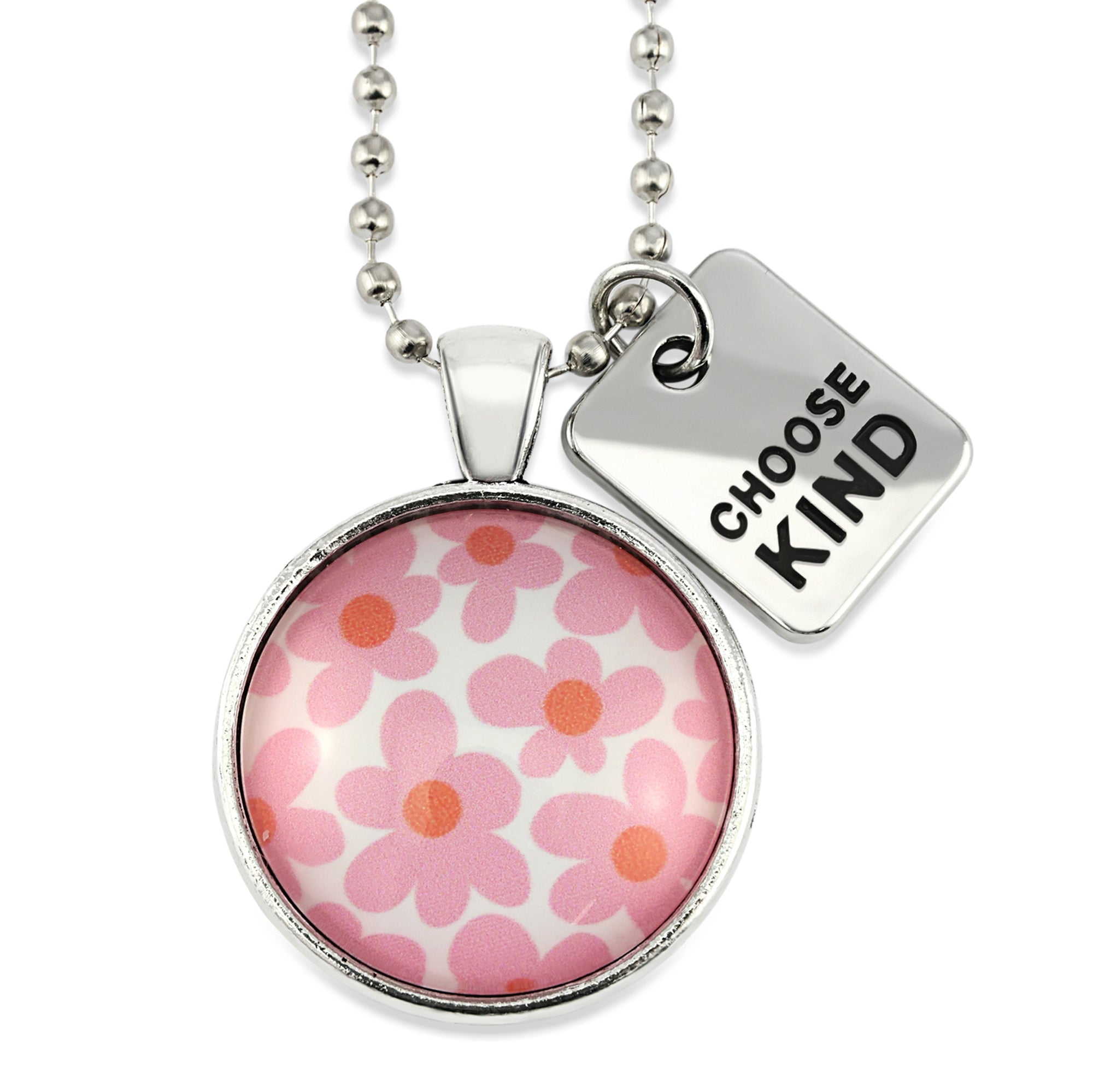 Pink floral print silver circle pendant necklace with 'choose kind' charm. A product that fundraises for the National Breast Cancer Foundation. 