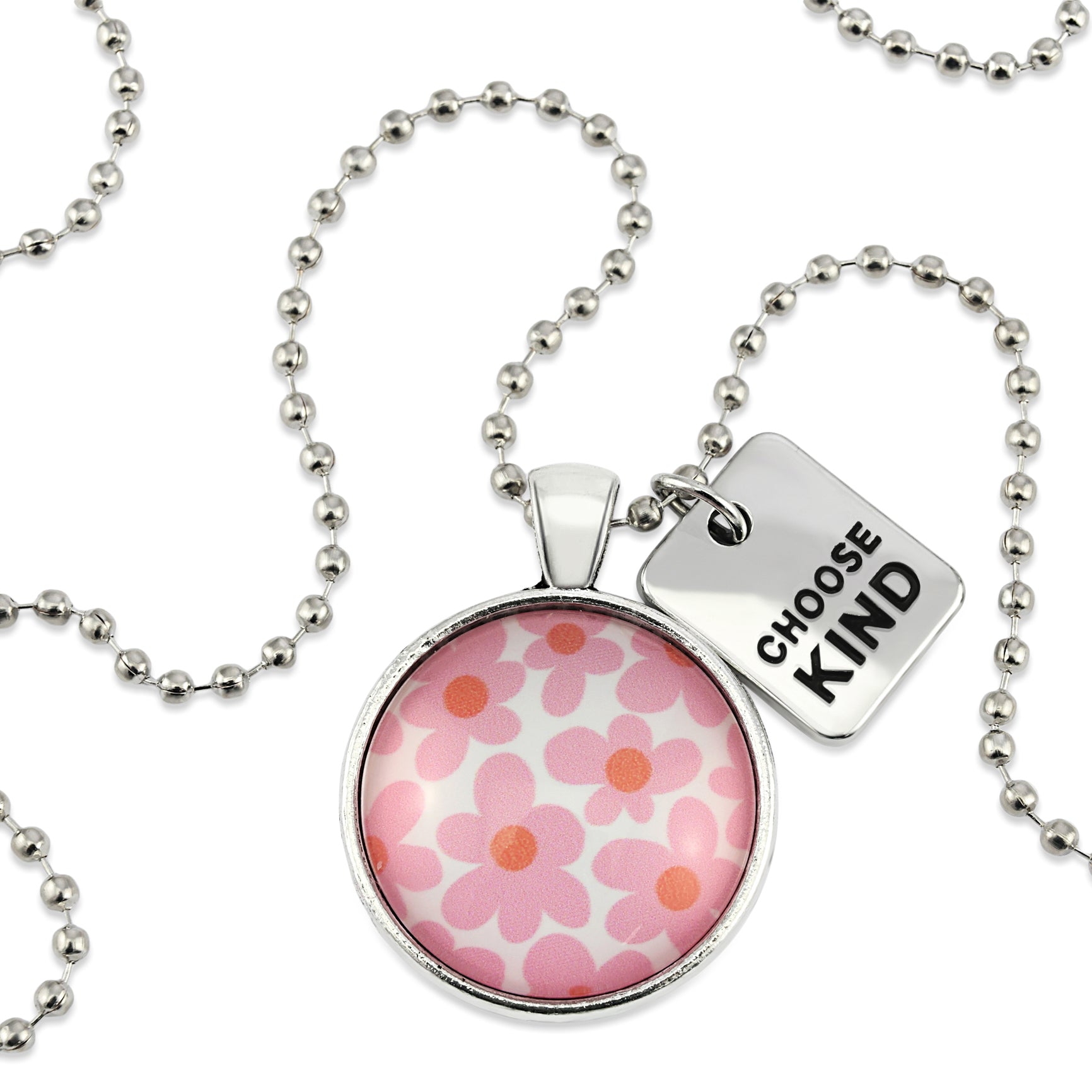 Pink floral print silver circle pendant necklace with 'choose kind' charm. A product that fundraises for the National Breast Cancer Foundation. 