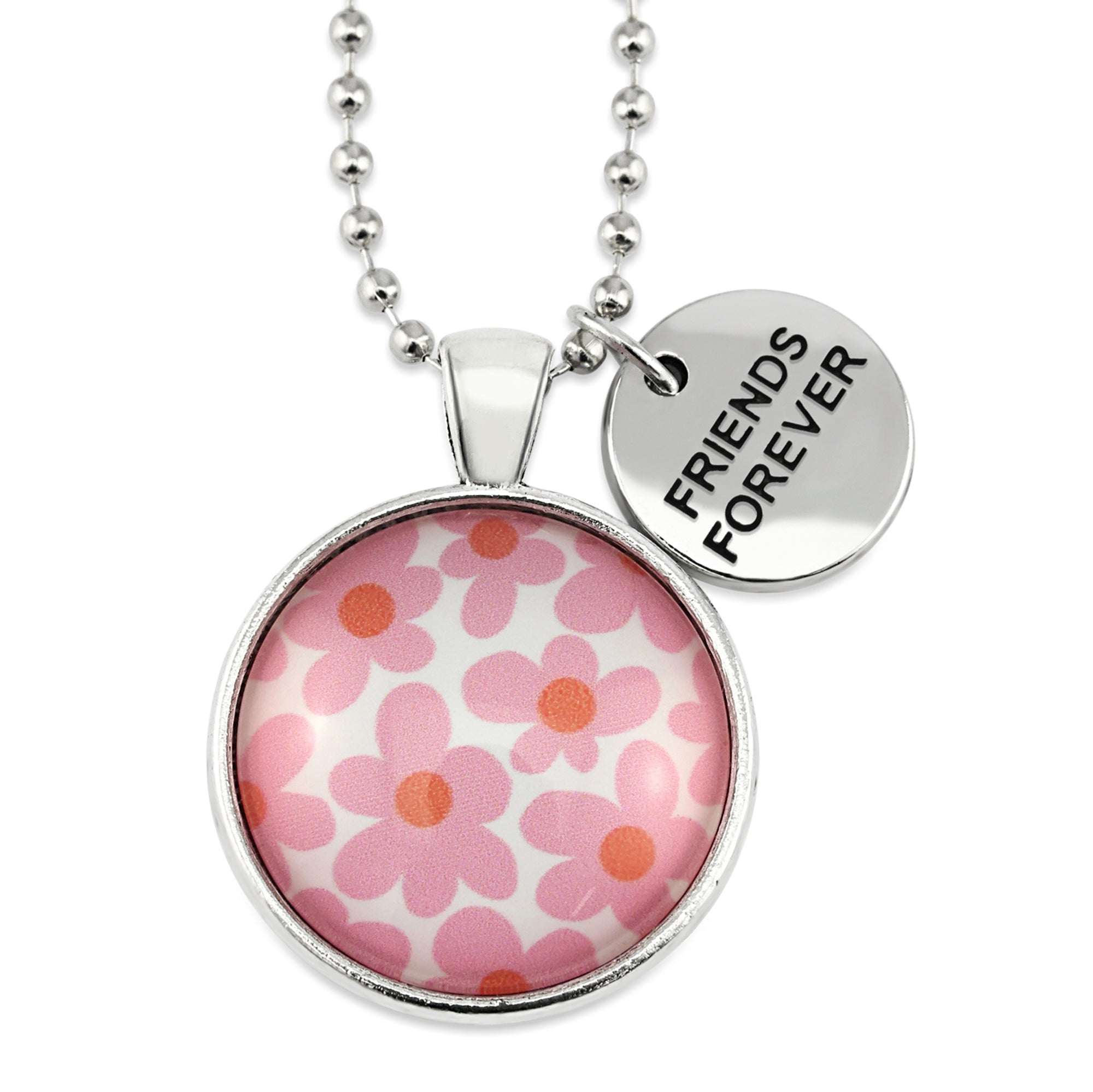 Pink floral print silver circle pendant necklace with 'friends forever' charm. A product that fundraises for the National Breast Cancer Foundation. 