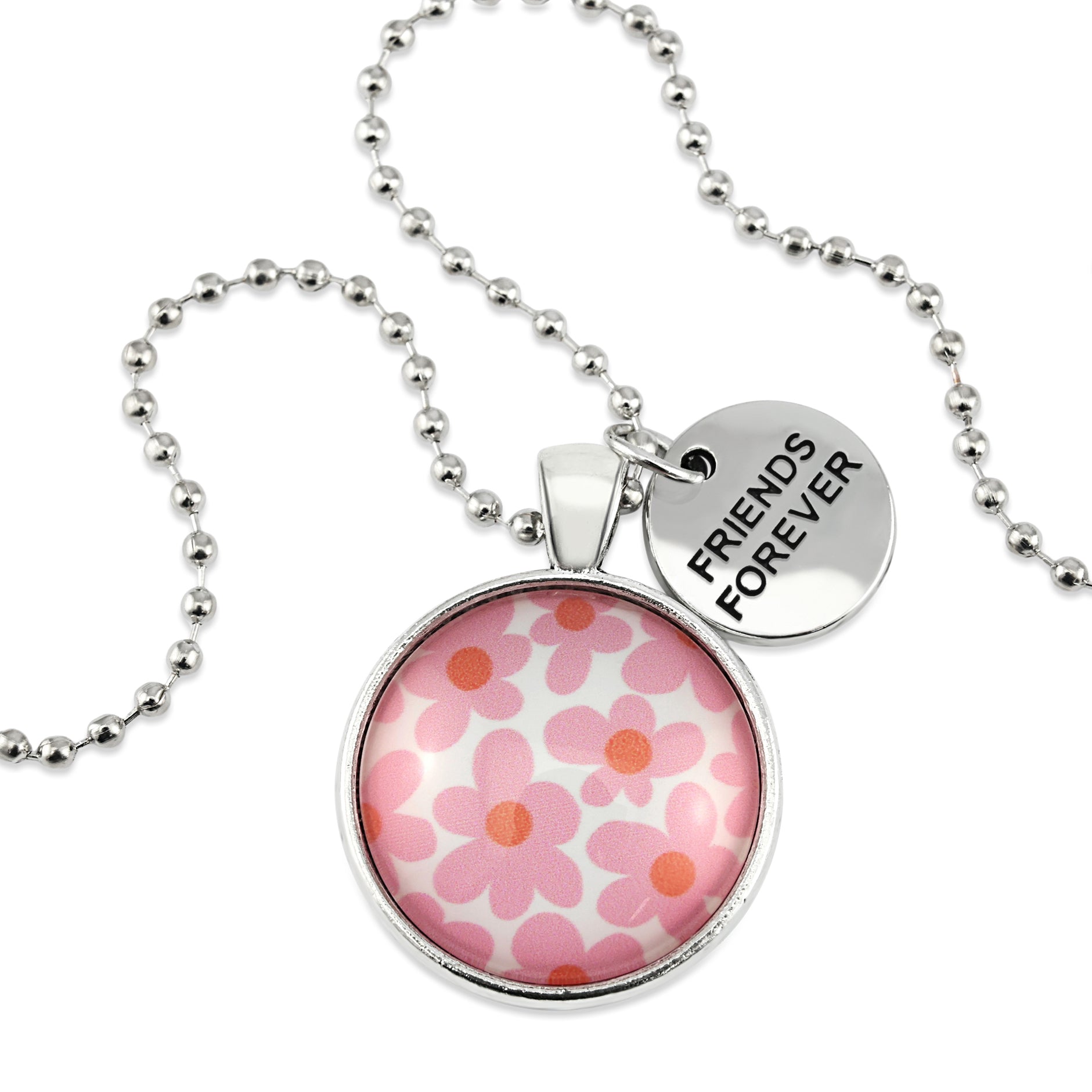 Pink floral print silver circle pendant necklace with 'friends forever' charm. A product that fundraises for the National Breast Cancer Foundation. 