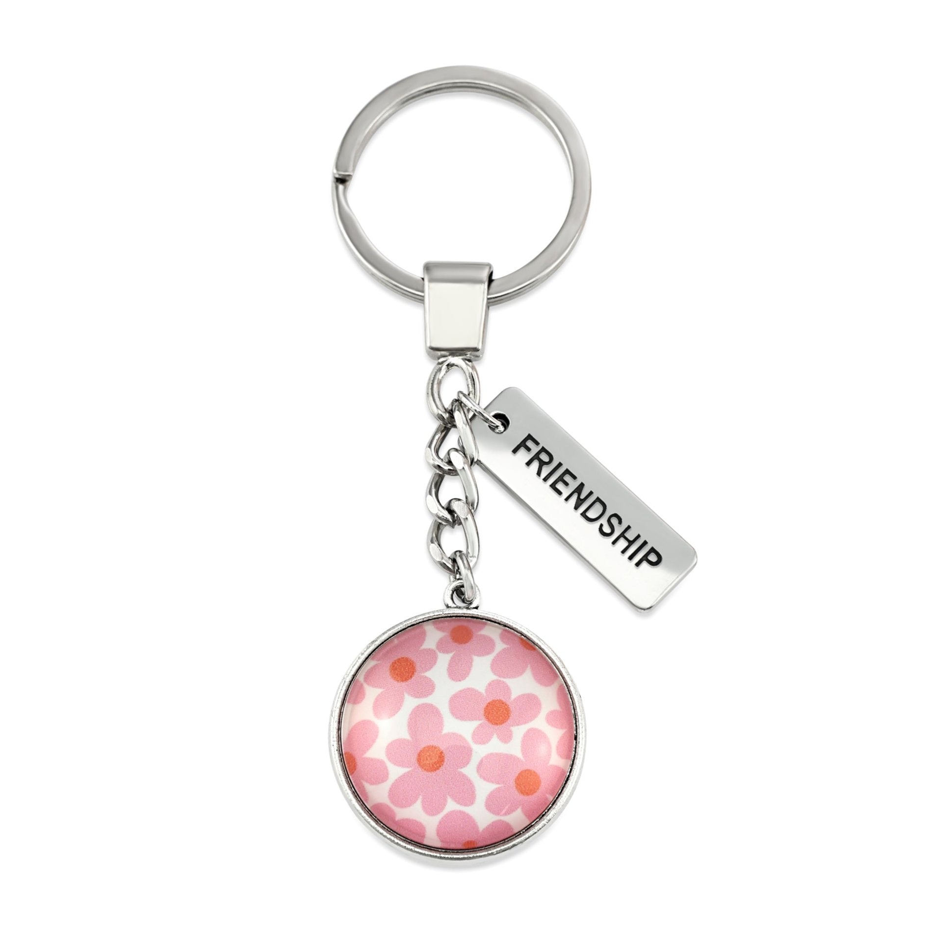 Pink floral print vintage silver circle pendant keychain with 'friendship' charm. A product that fundraises for the National Breast Cancer Foundation. 