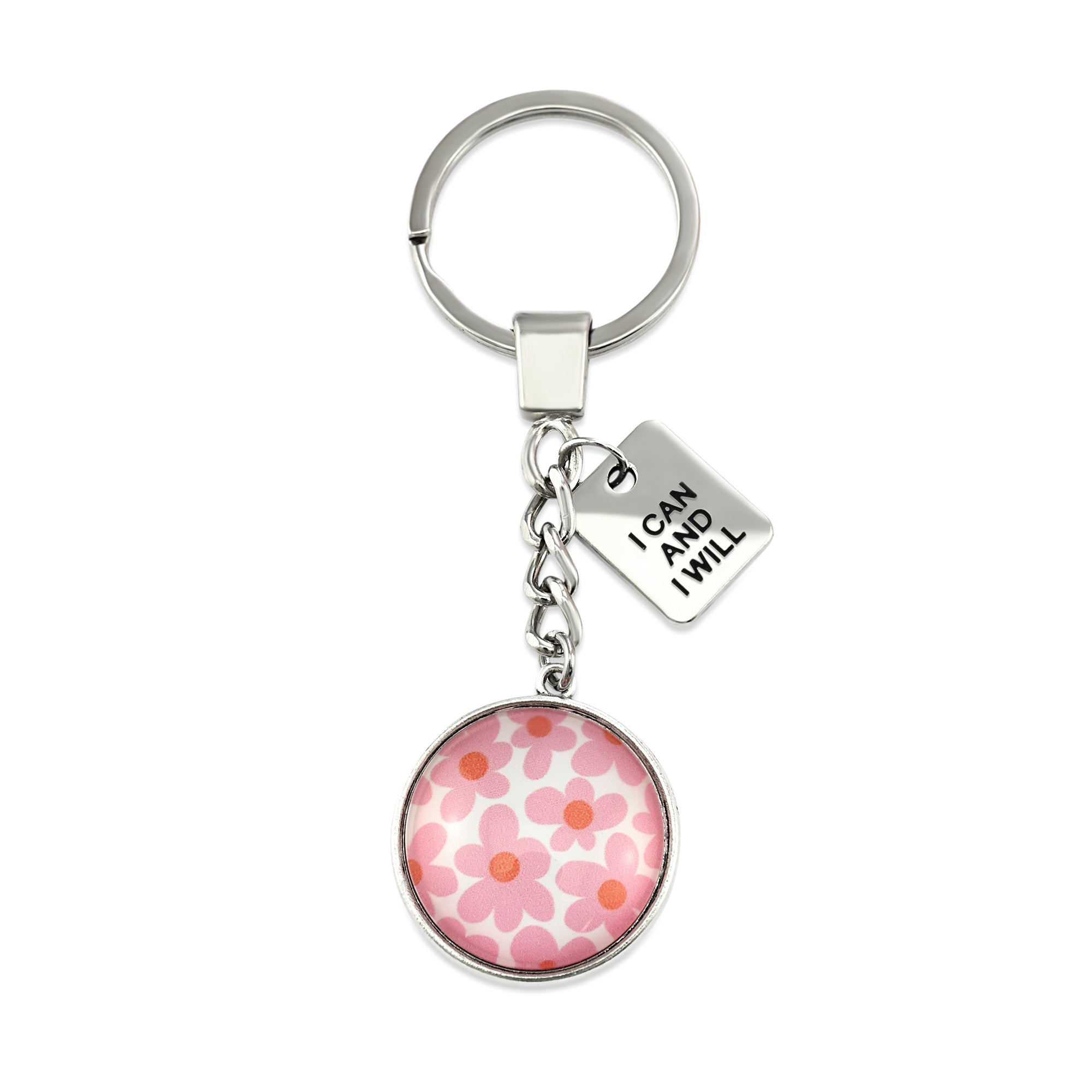 Pink floral print vintage silver circle pendant keychain with 'I Can And I Will' charm. A product that fundraises for the National Breast Cancer Foundation. 