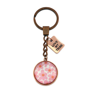 Pink floral print vintage red copper circle keychain with 'love my tribe' charm. A product that fundraises for the National Breast Cancer Foundation. 