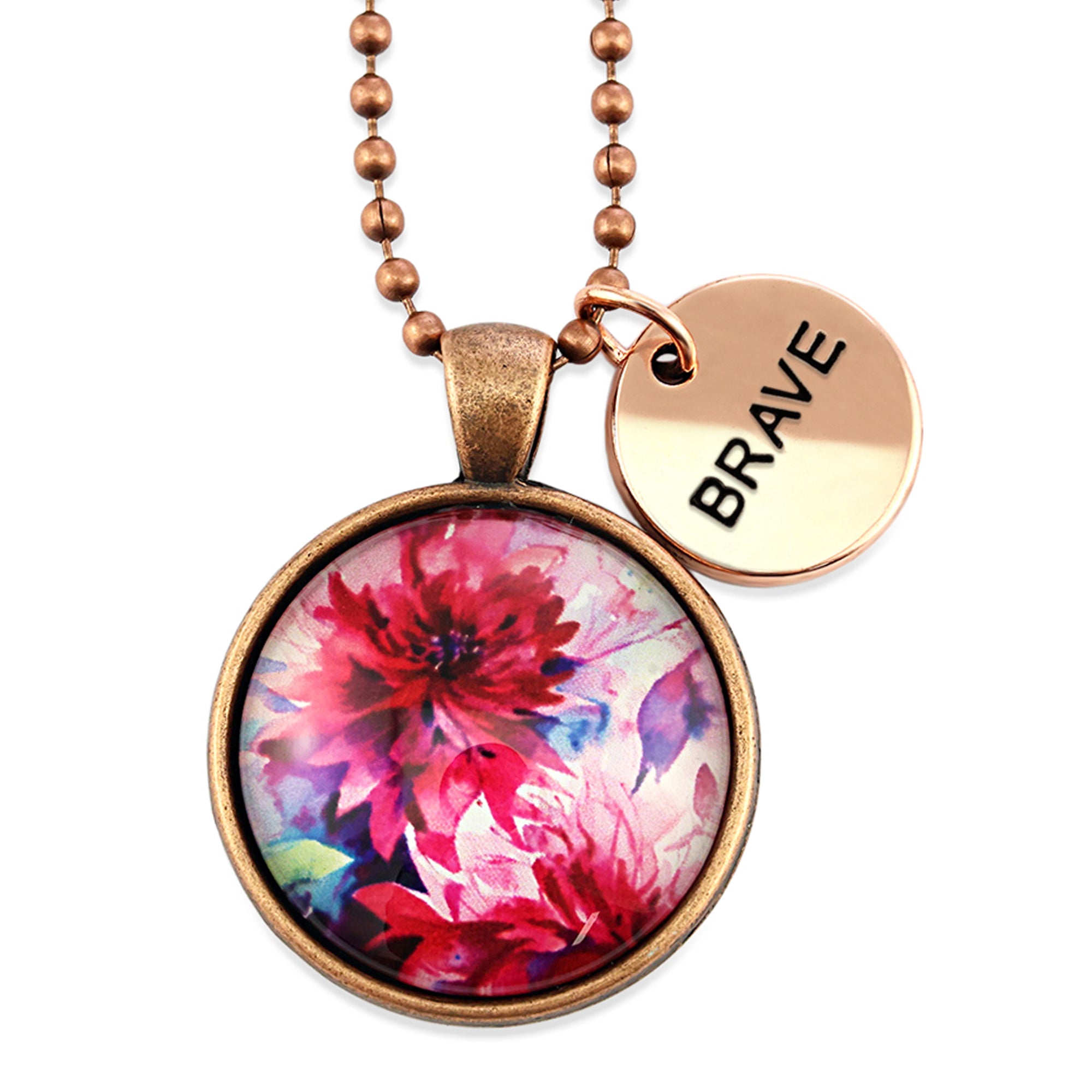 Pink floral print vintage red copper circle pendant necklace with rose gold 'brave' charm. A product that fundraises for the National Breast Cancer Foundation. 