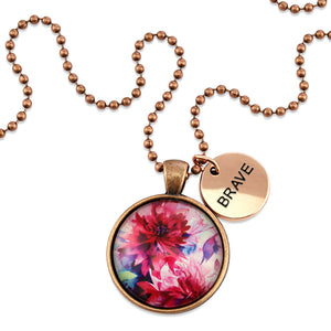 Pink floral print vintage red copper circle pendant necklace with rose gold 'brave' charm. A product that fundraises for the National Breast Cancer Foundation. 