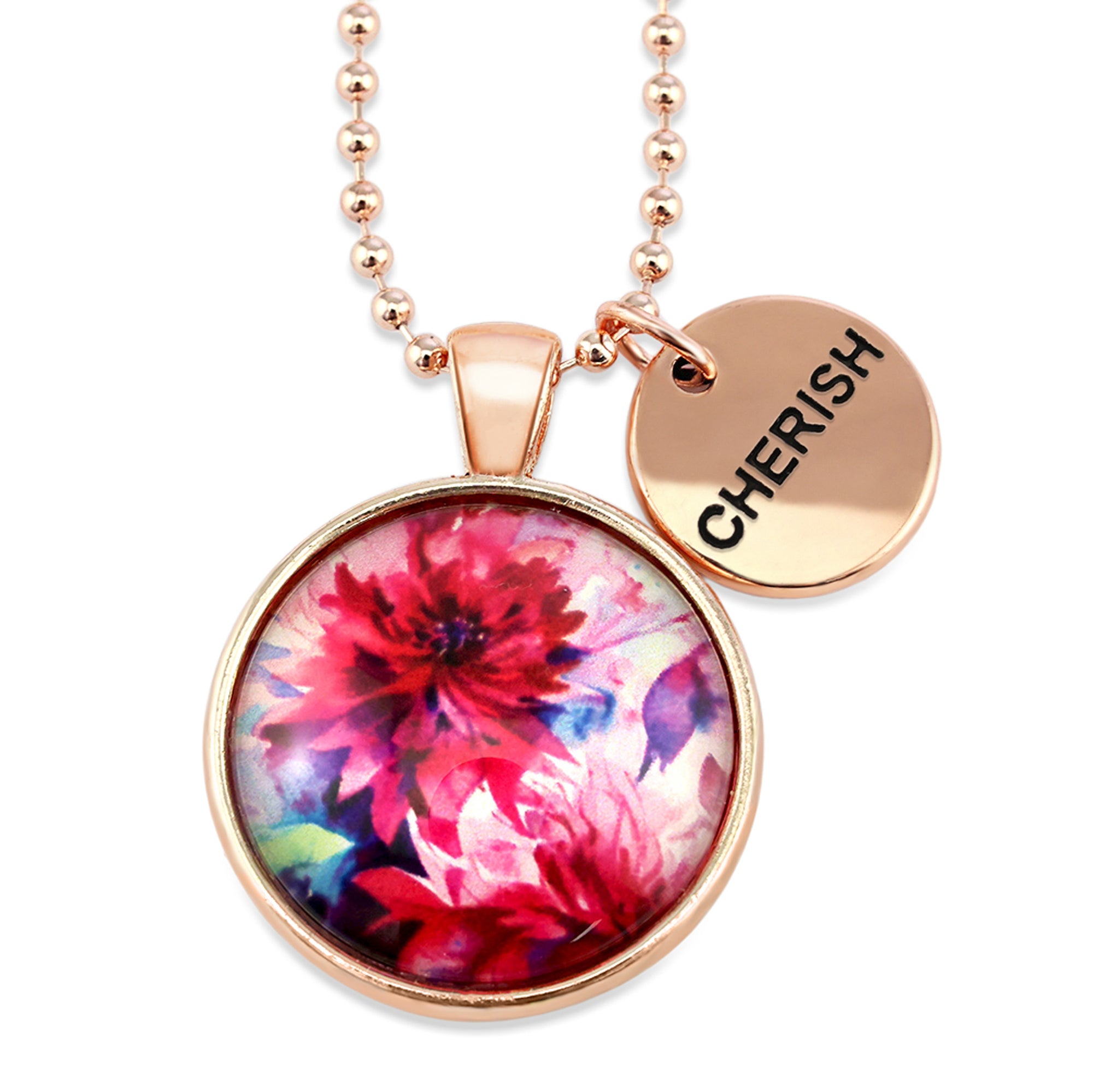  Pink floral print rose gold circle pendant necklace with 'cherish' charm. A product that fundraises for the National Breast Cancer Foundation. 