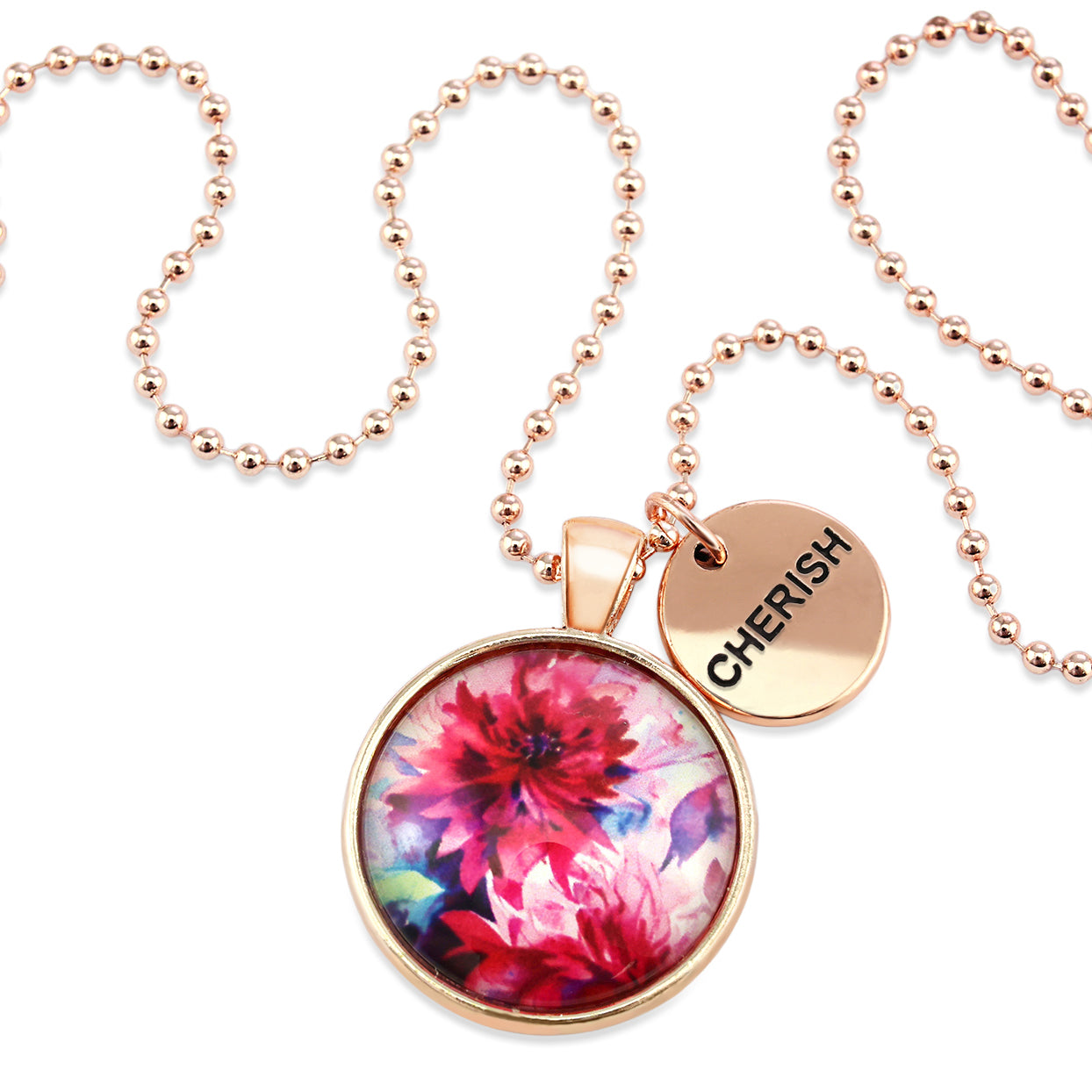  Pink floral print rose gold circle pendant necklace with 'cherish' charm. A product that fundraises for the National Breast Cancer Foundation. 