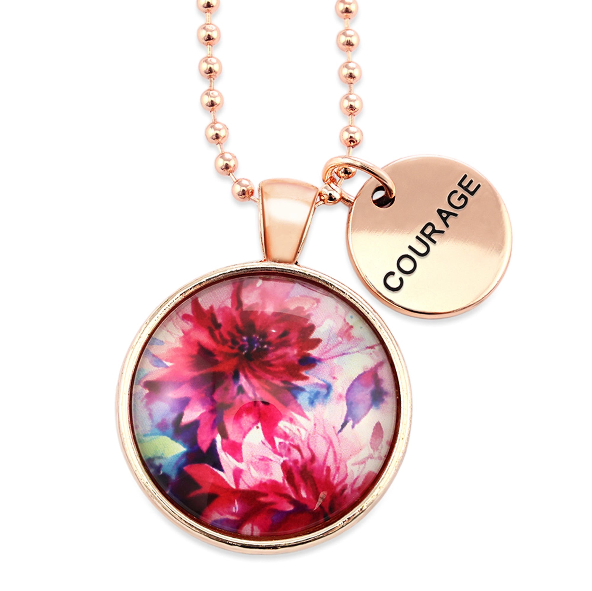 Pink floral print rose gold circle pendant necklace with 'courage' charm. A product that fundraises for the National Breast Cancer Foundation. 