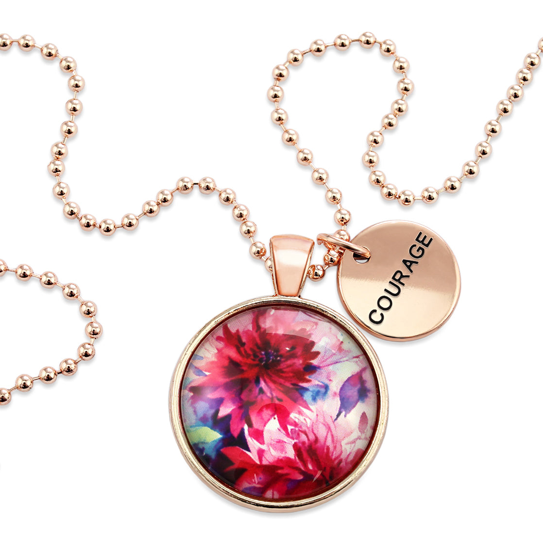 Pink floral print rose gold circle pendant necklace with 'courage' charm. A product that fundraises for the National Breast Cancer Foundation. 