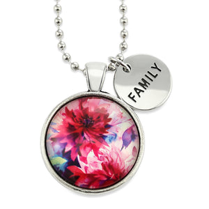 Pink floral print silver circle pendant necklace with 'family' charm. A product that fundraises for the National Breast Cancer Foundation. 