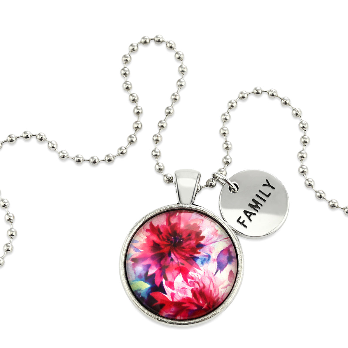 Pink floral print silver circle pendant necklace with 'family' charm. A product that fundraises for the National Breast Cancer Foundation. 