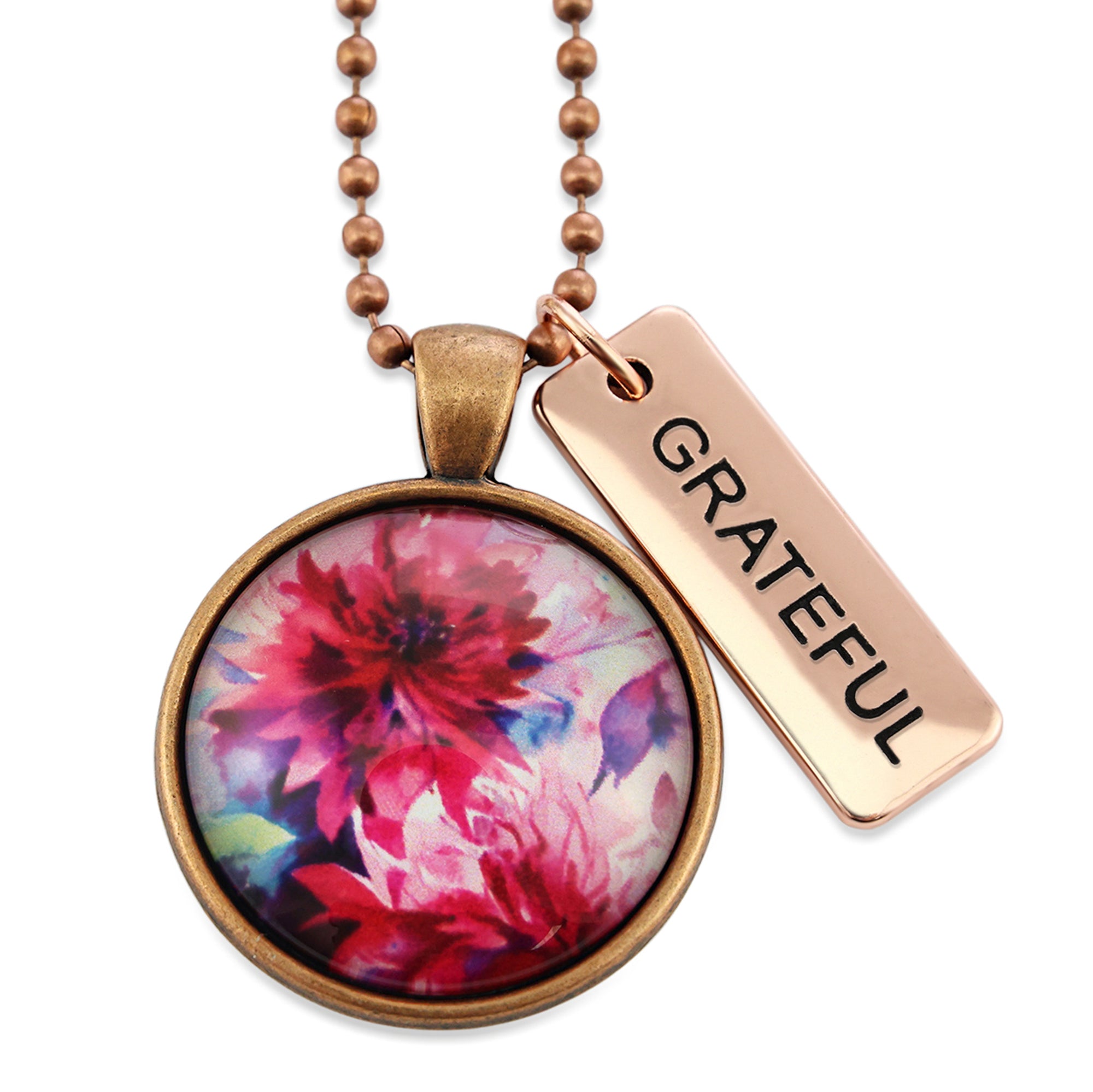 Pink floral print vintage red copper circle pendant necklace with rose gold 'grateful' charm. A product that fundraises for the National Breast Cancer Foundation. 