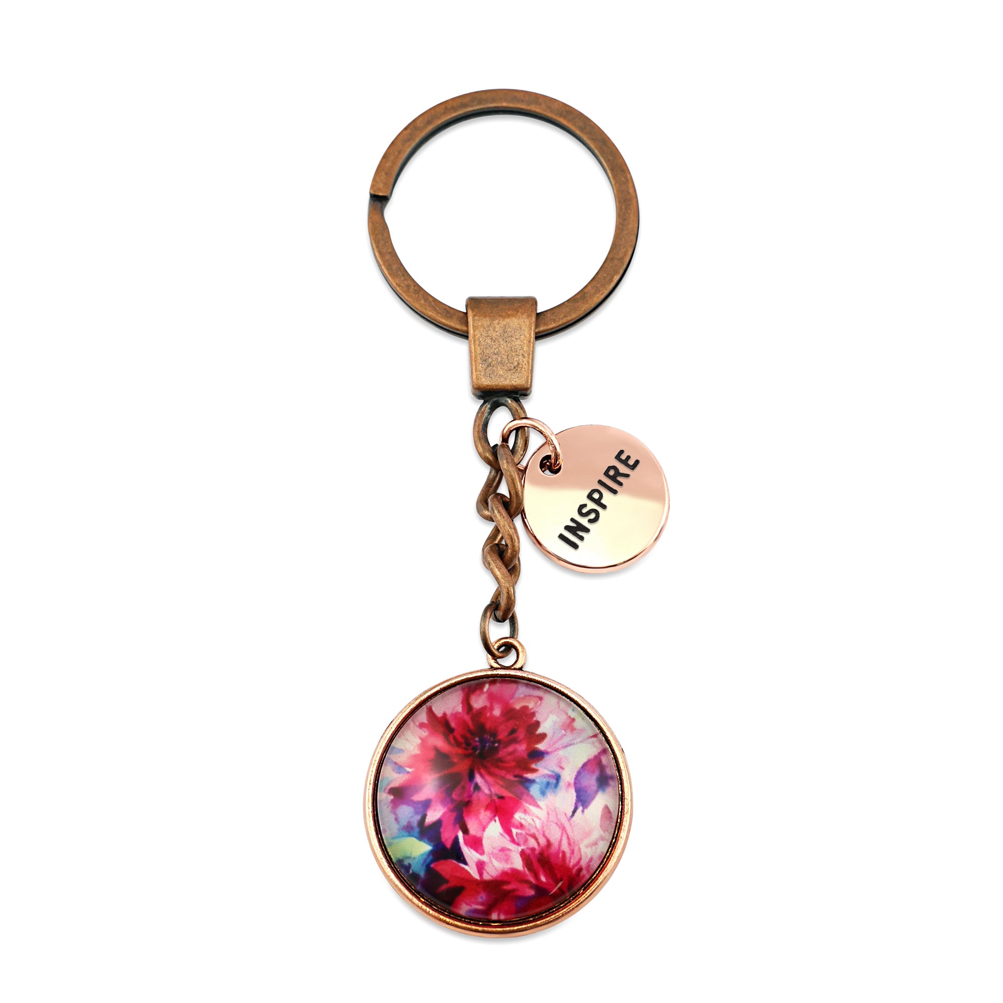 Pink floral print vintage copper circle pendant keychain with 'inspire' charm. A product that fundraises for the National Breast Cancer Foundation. 