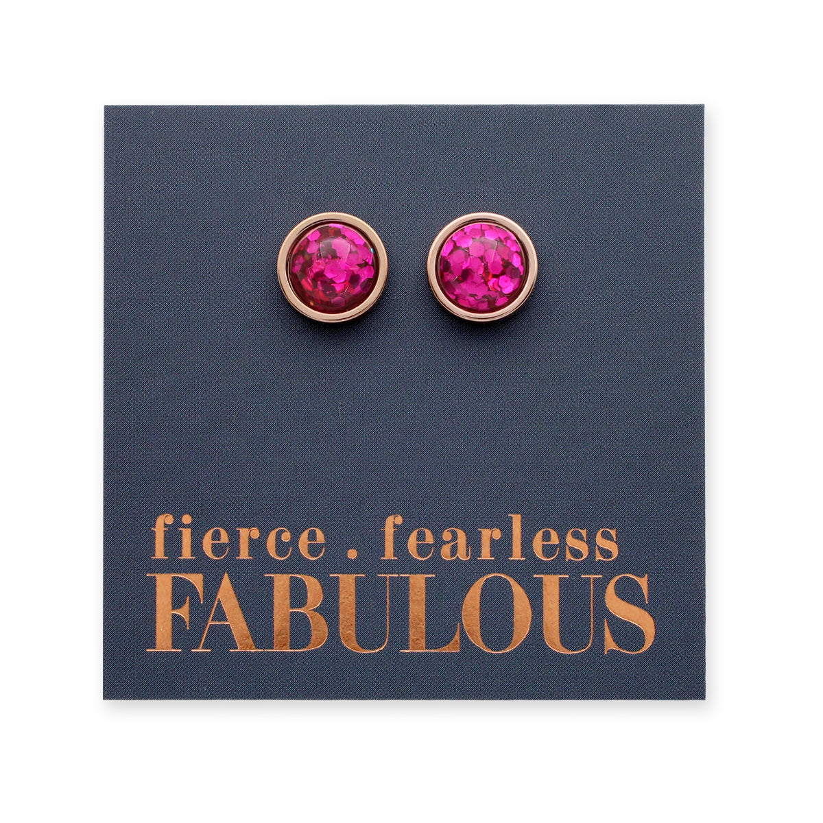 Fierce Fearless Fabulous - Rose Gold Stainless Steel 8mm Circle Studs - Hot Pink Glitter (11545)