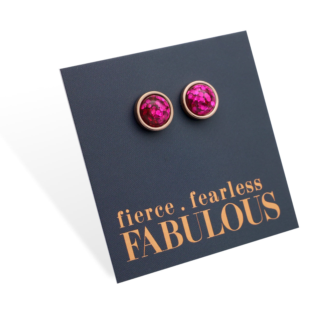 Fierce Fearless Fabulous - Rose Gold Stainless Steel 8mm Circle Studs - Hot Pink Glitter (11545)