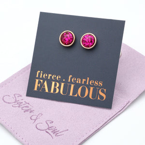 Fierce Fearless Fabulous - Rose Gold Stainless Steel 8mm Circle Studs - Hot Pink Glitter (11545)